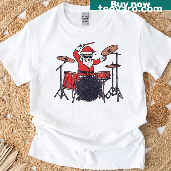 Shirt featuring a funny illustration of Santa playing drums for Christmas.