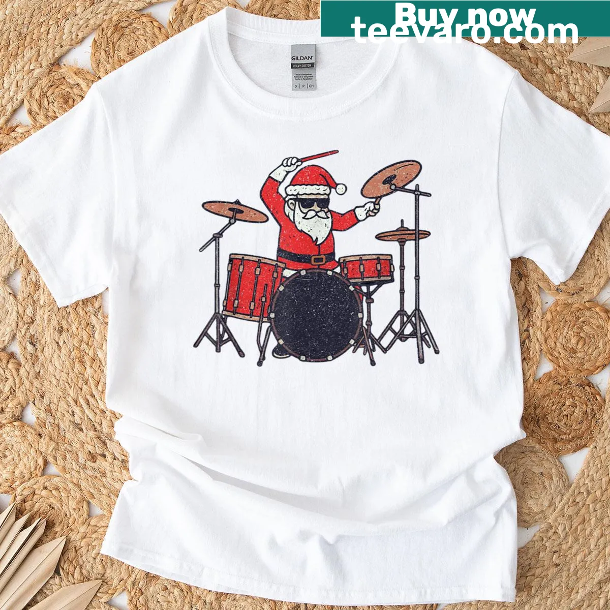 Shirt featuring a funny illustration of Santa playing drums for Christmas. — on a men's t-shirt