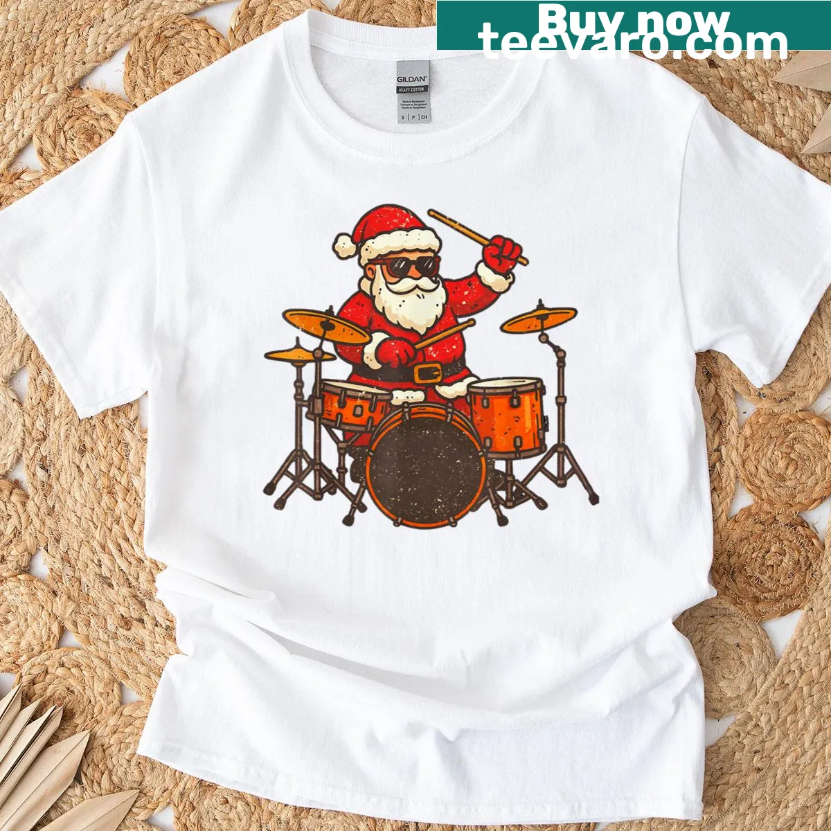 Vintage Santa playing drums graphic on Christmas t-shirt — on a men's t-shirt