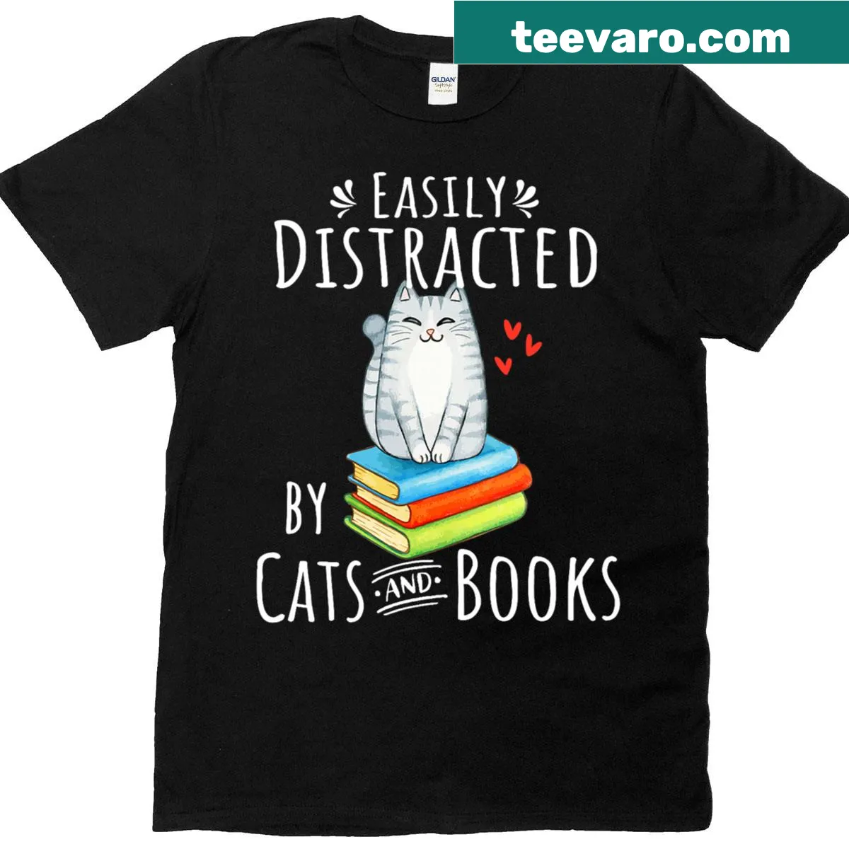 Funny shirt with text saying 'Easily Distracted By Cats And Books' — on a men's t-shirt