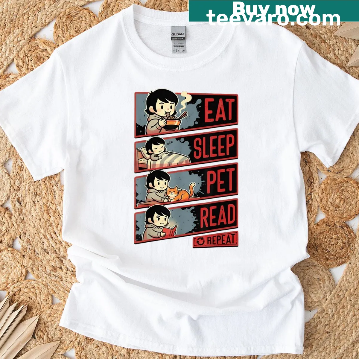 Funny t-shirt with typography on reading and pet caring routine — on a men's t-shirt