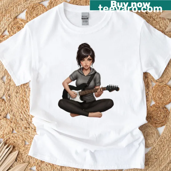 Illustration of a guitarist with text about his riffs on a t-shirt