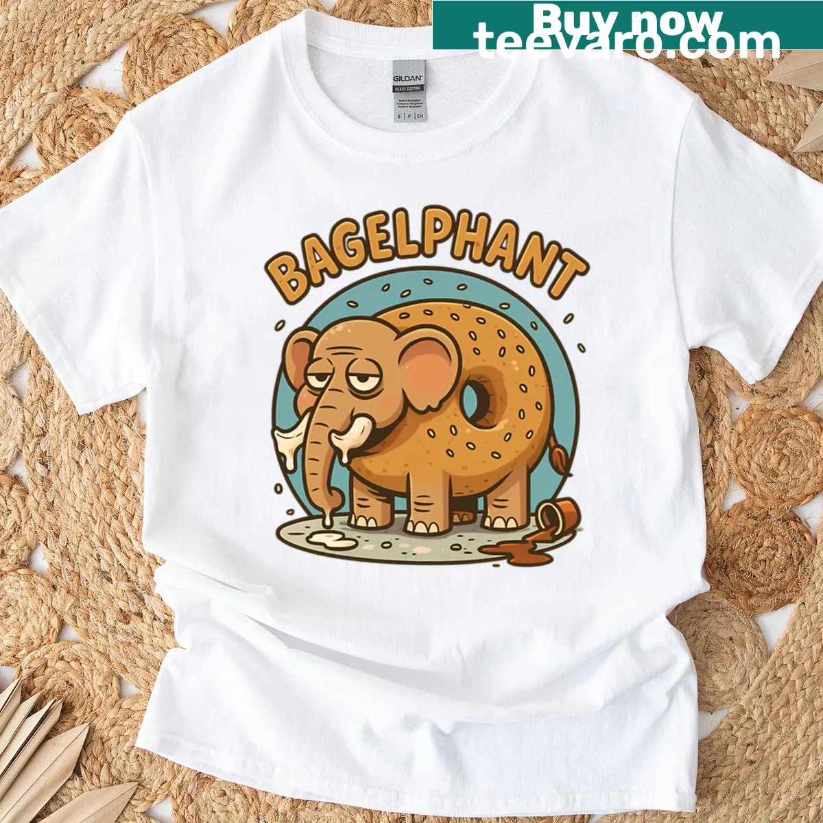 Whimsical elephant enjoying a bagel and coffee illustration — on a men's t-shirt