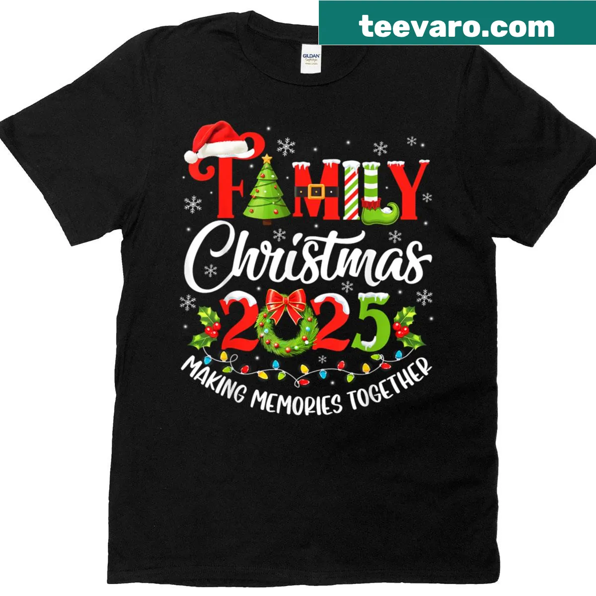 Festive family-themed T-shirt featuring Santa and elves for Christmas. — on a men's t-shirt