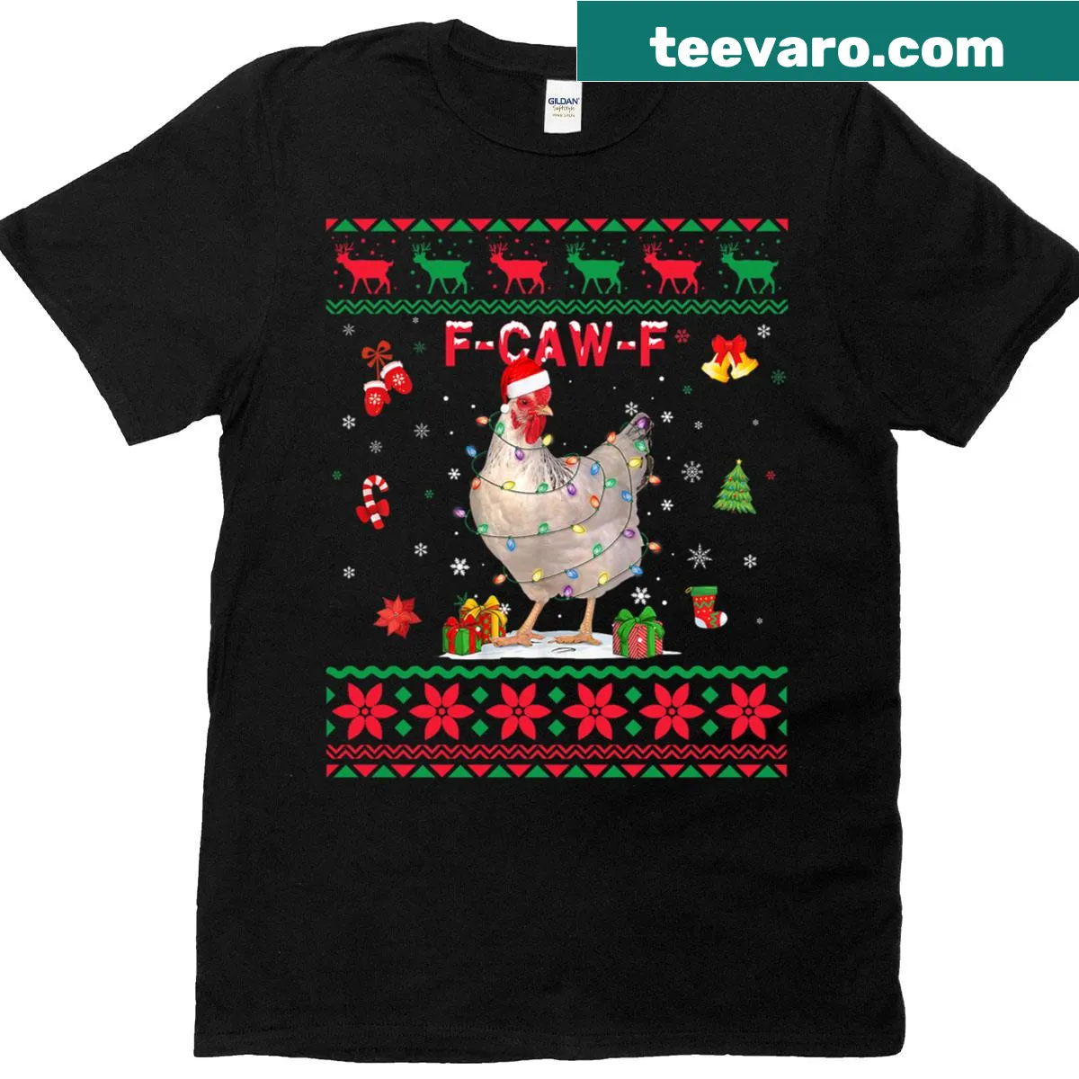 Unique rooster design with lights and humorous text for Christmas. — on a men's t-shirt