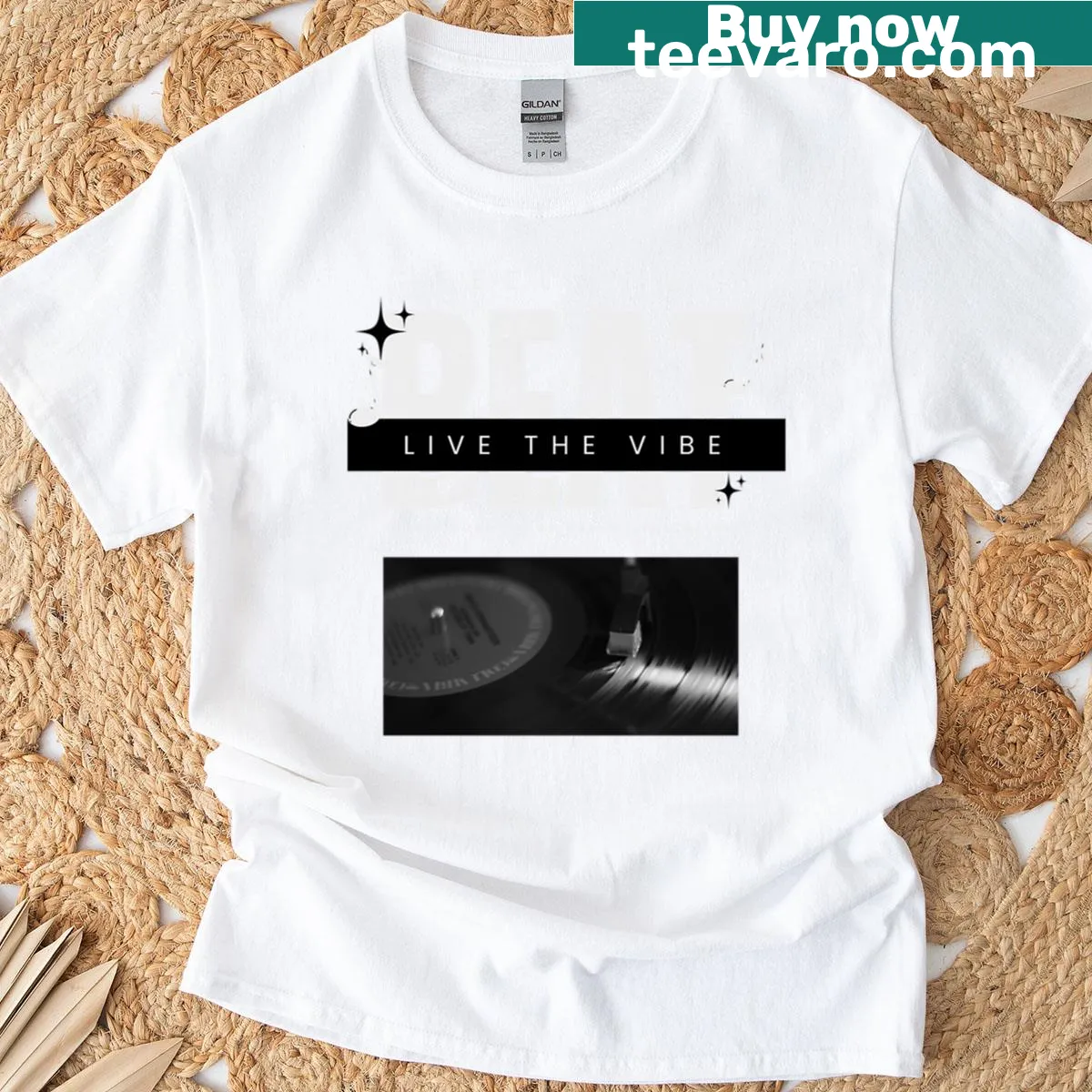 Typography t-shirt with the phrase 'Feel The Beat' in dynamic font — on a men's t-shirt