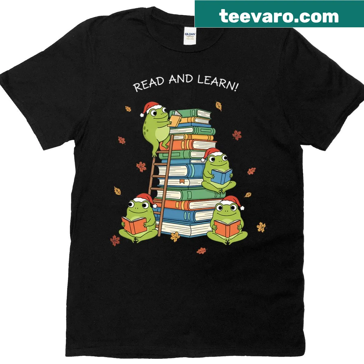Cute frogs reading books graphic t-shirt for kids — on a men's t-shirt