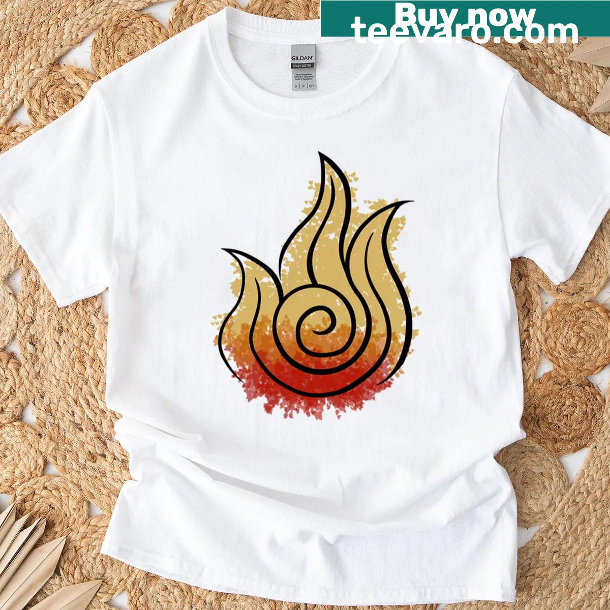 Minimalist t-shirt featuring a fire symbol graphic — on a men's t-shirt