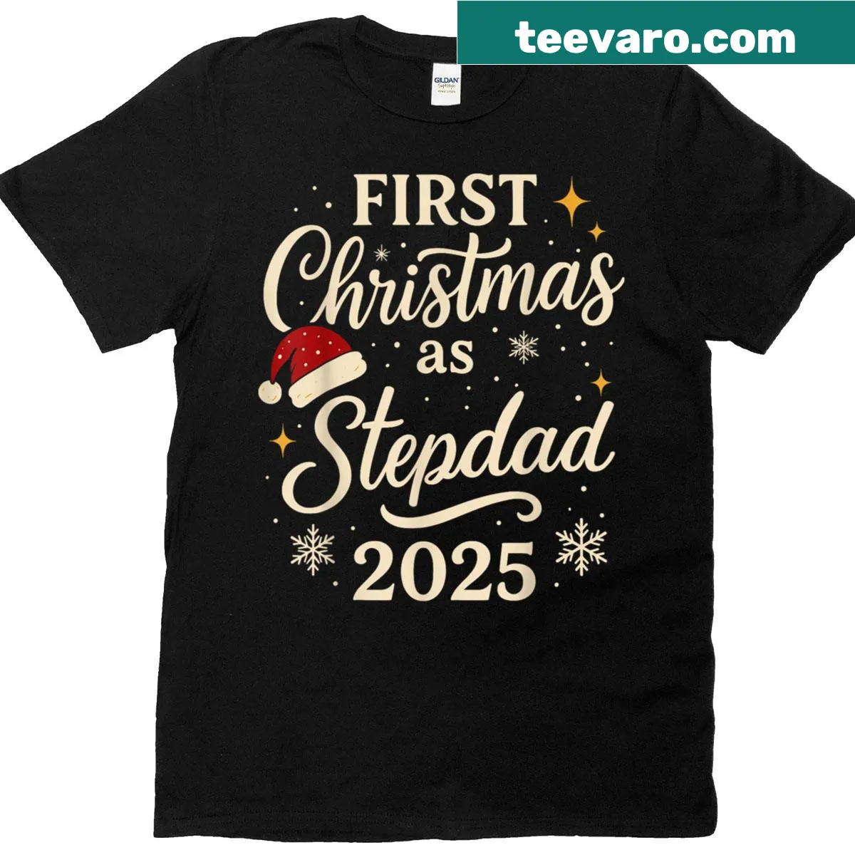 First Christmas As Stepdad 2025 shirt with Santa hat design — on a men's t-shirt