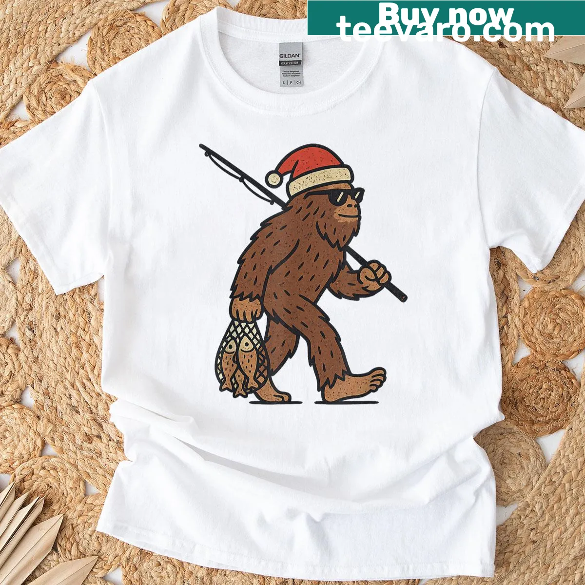 Vintage-style Fishmas t-shirt with a Sasquatch and holiday graphics — on a men's t-shirt