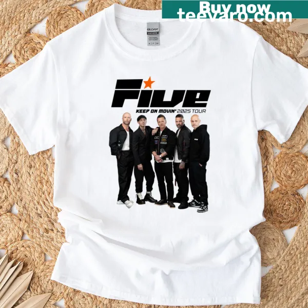 Illustrative tour graphic for Five Boy Band 2025 on a t-shirt