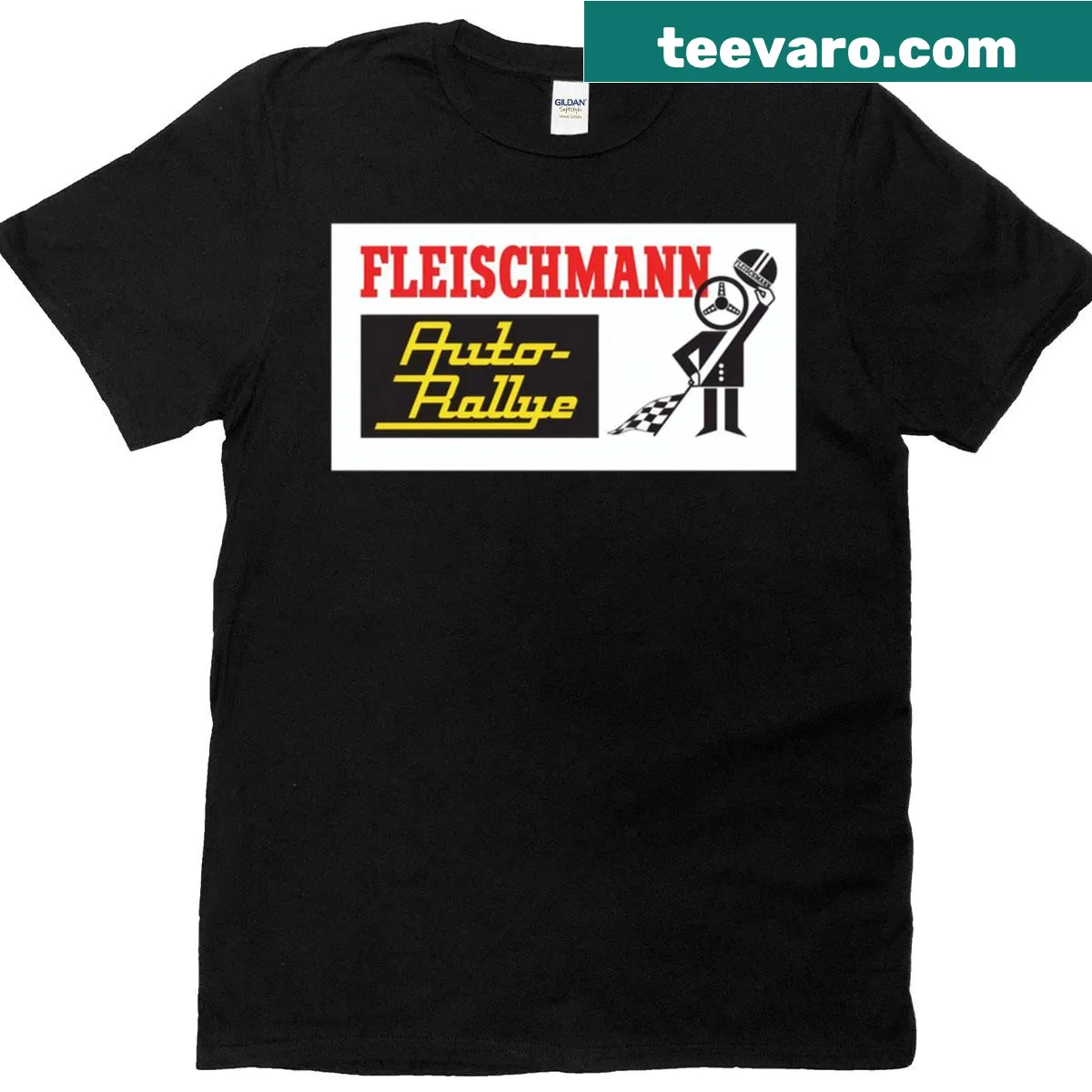 Vintage Fleischmann Rallye logo t-shirt for motorsport fans — on a men's t-shirt