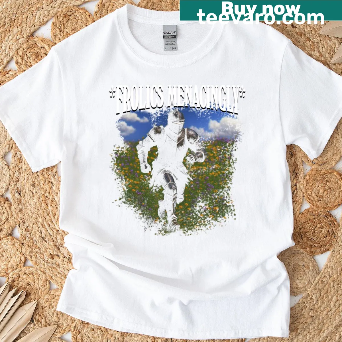 Vintage-style T-shirt with a humorous medieval knight graphic — on a men's t-shirt
