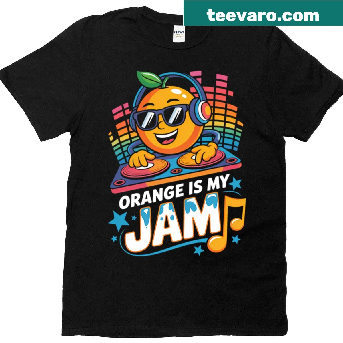 Cartoon design featuring fruit and musical elements for music lovers. — on a men's t-shirt