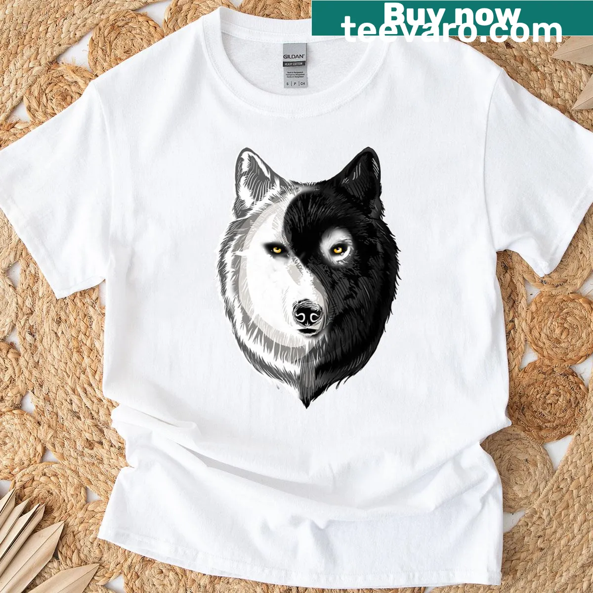 Yin Yang design featuring two wolves in tribal art style — on a men's t-shirt