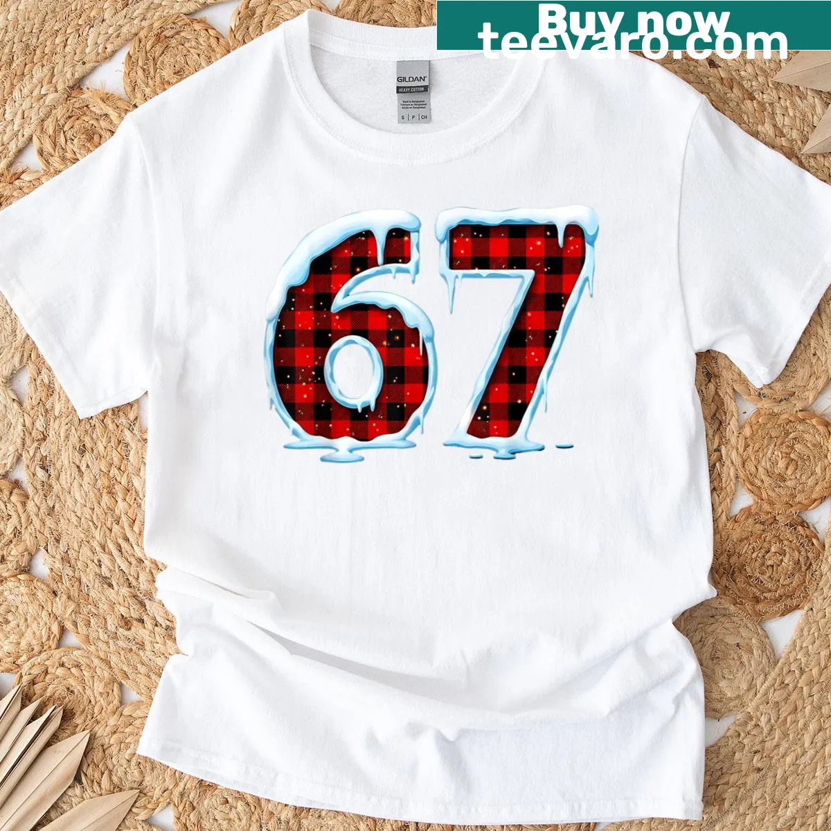 Funny Christmas t-shirt featuring the 67 meme — on a men's t-shirt