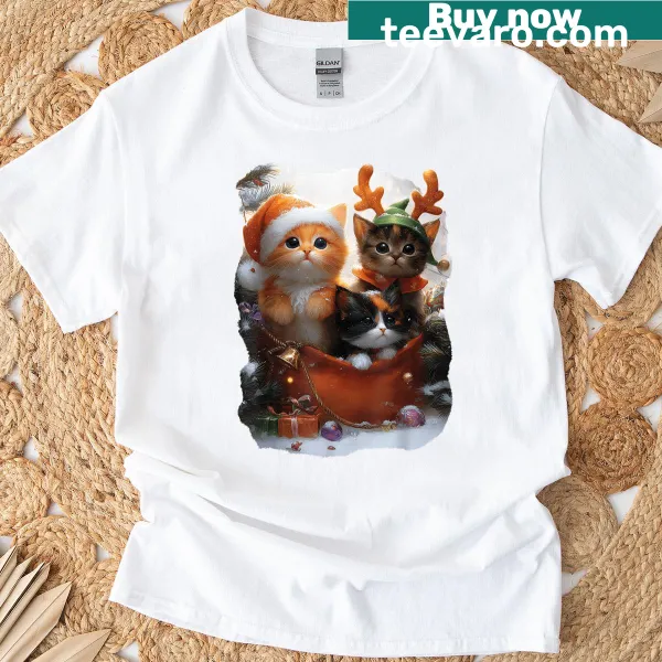 Funny cat t-shirt with Christmas lights and Santa decorations.