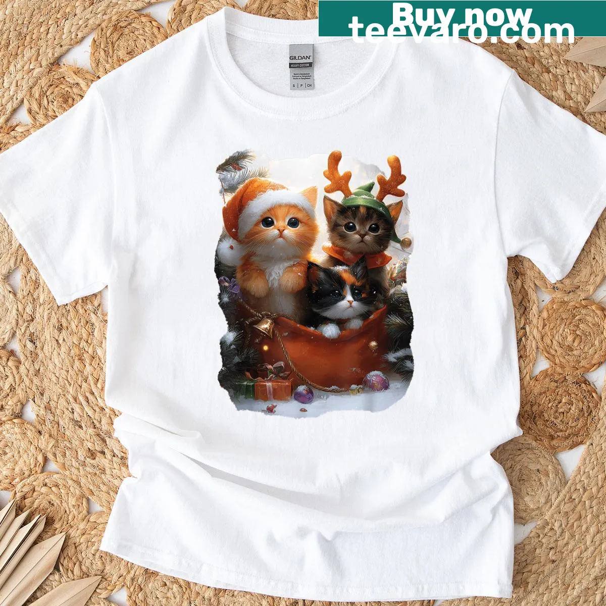 Funny cat t-shirt with Christmas lights and Santa decorations. — on a men's t-shirt