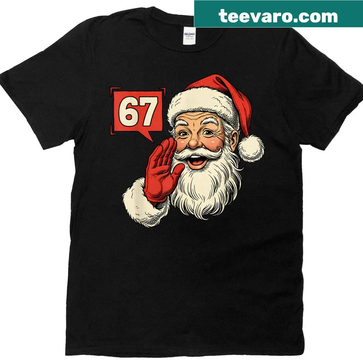 Funny Christmas shirt with '67 Six Seven Meme Santa Claus' design — on a men's t-shirt