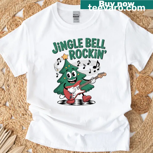 Funny Christmas tree illustration playing guitar