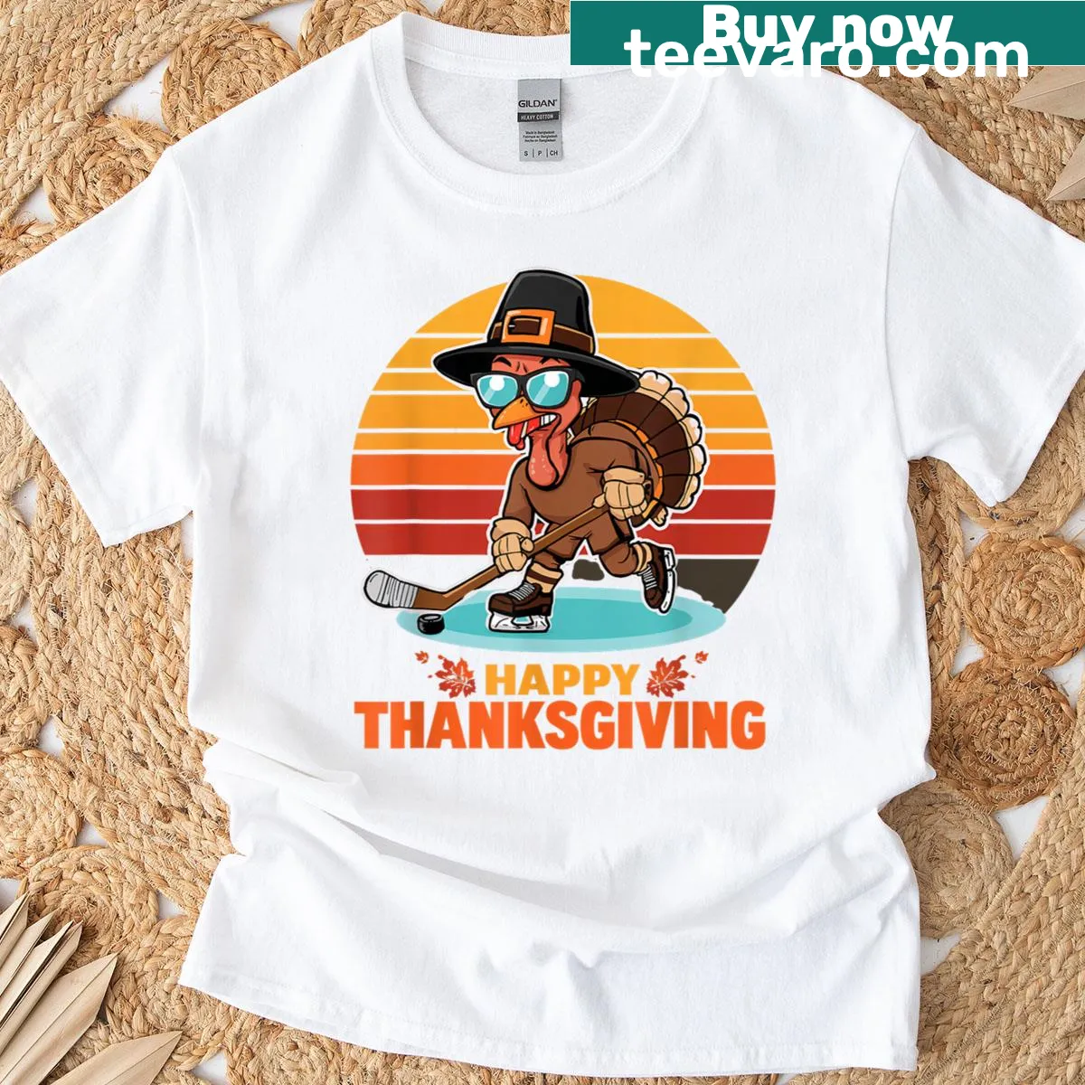 Humorous turkey playing ice hockey on a Thanksgiving t-shirt. — on a men's t-shirt