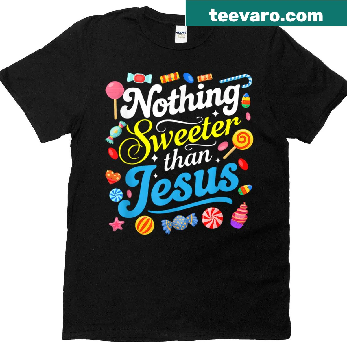 Christian-themed T-shirt with a humorous message about faith and candy. — on a men's t-shirt