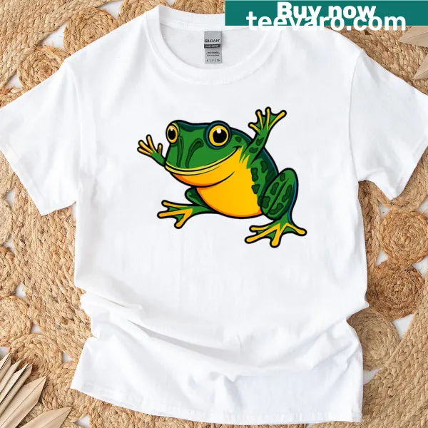 Cartoon-style t-shirt featuring a funny Pacman Frog graphic