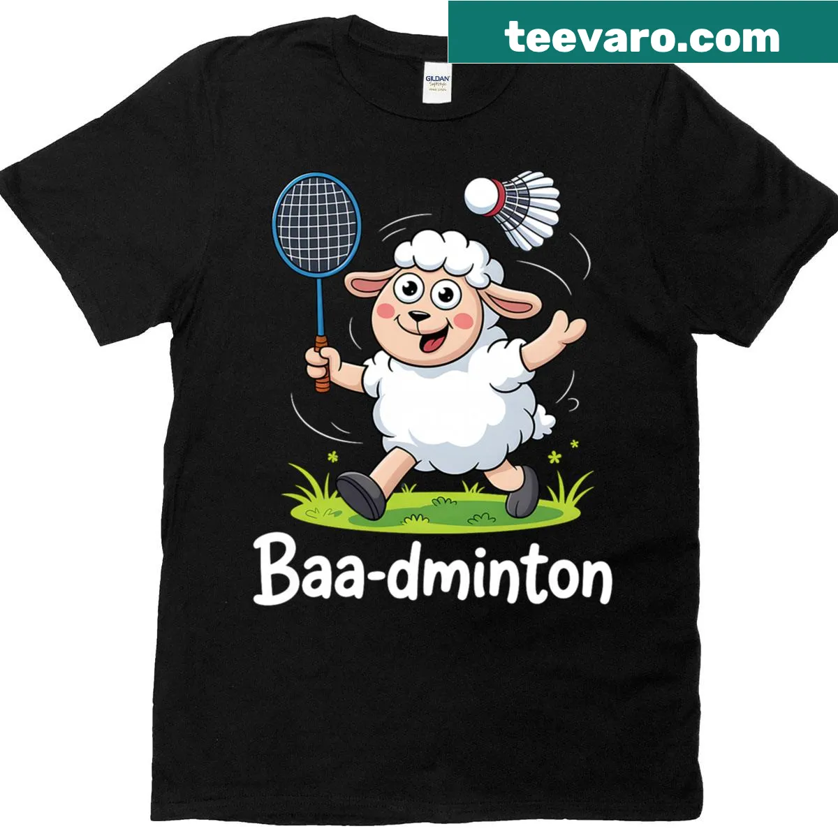 Funny badminton sheep t-shirt with lamb design — on a men's t-shirt