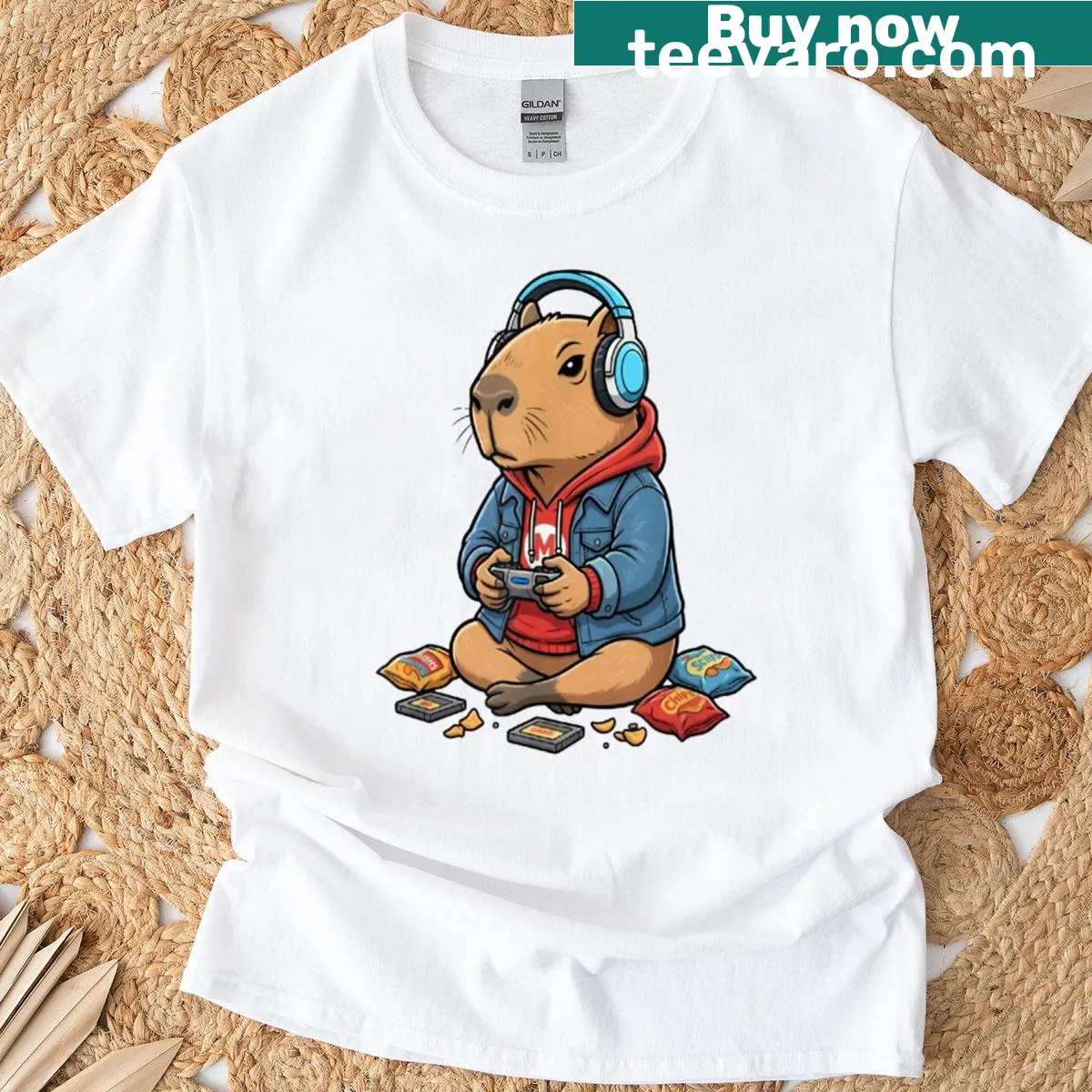 Funny capybara playing video games on a kids' t-shirt — on a men's t-shirt