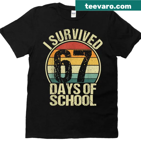 Vintage-style T-shirt celebrating survival of 67 days of school.