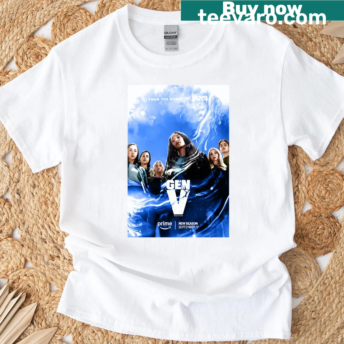 Gen V Season 2 T-shirt with poster design — on a men's t-shirt