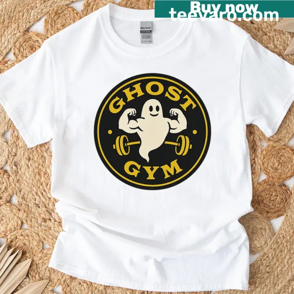 Ghost Gym T-shirt featuring a ghost flexing muscles in vintage style