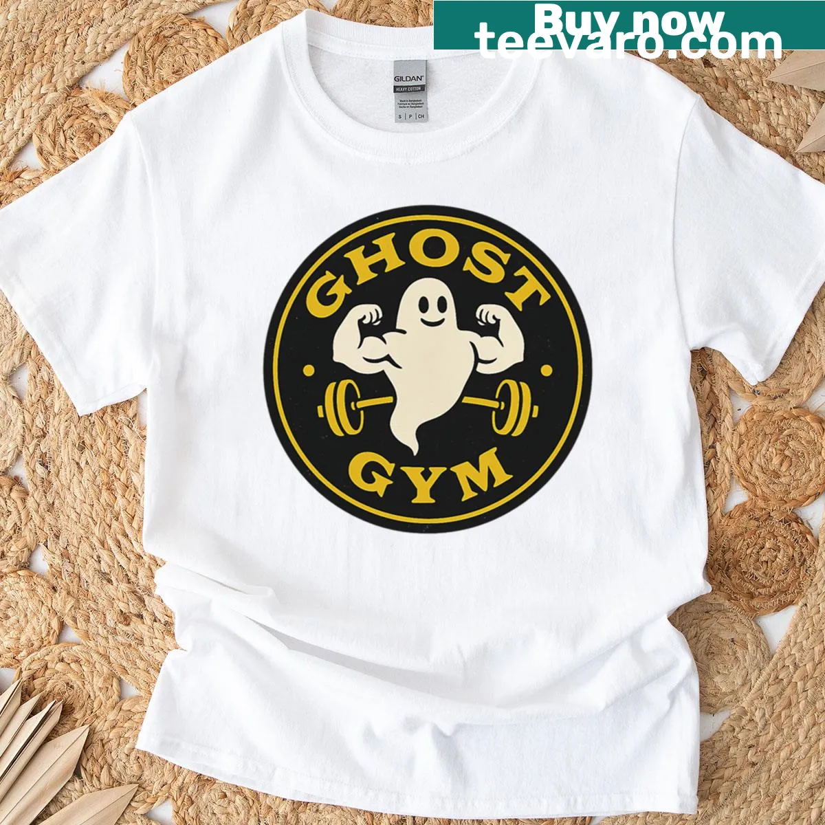 Ghost Gym T-shirt featuring a ghost flexing muscles in vintage style — on a men's t-shirt
