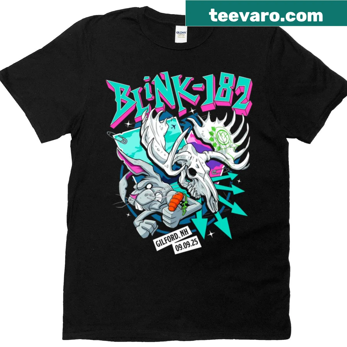 Playful Blink-182 art t-shirt with whimsical designs — on a men's t-shirt