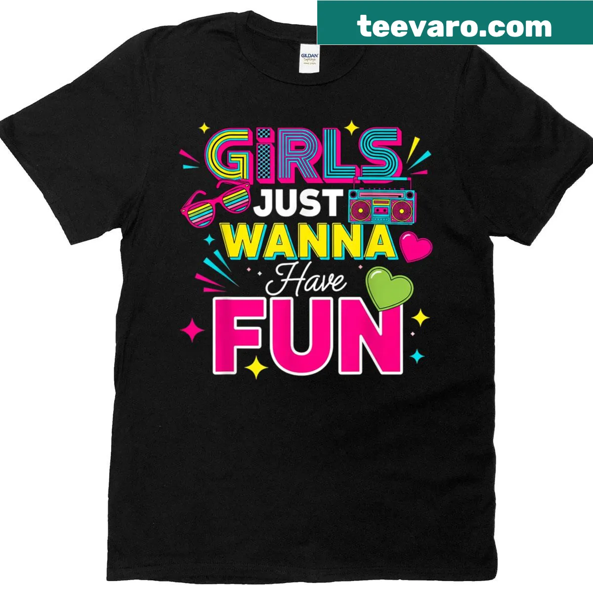 Retro party tee saying 'Girls Just Wanna Have Fun' — on a men's t-shirt