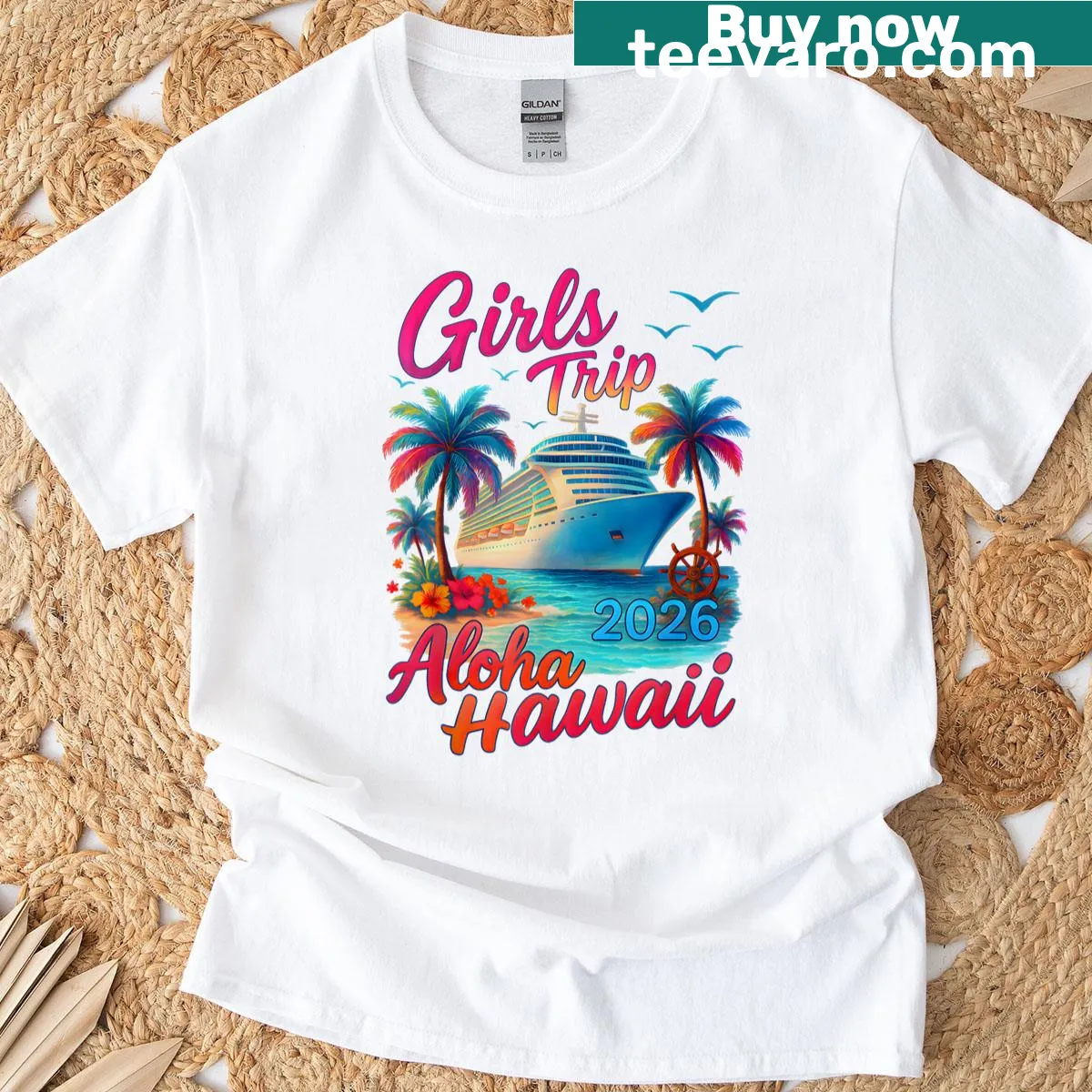 Retro girls trip cruise t-shirt with Hawaiian theme. — on a men's t-shirt
