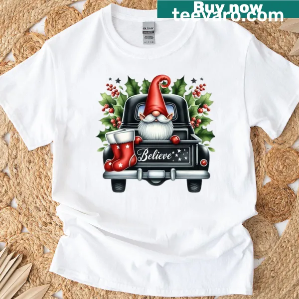 Cute Christmas gnome in a truck graphic t-shirt.