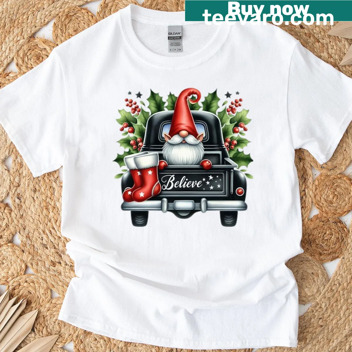 Cute Christmas gnome in a truck graphic t-shirt. — on a men's t-shirt