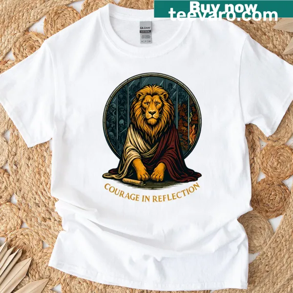 Illustration of a golden lion symbolizing courage and reflection