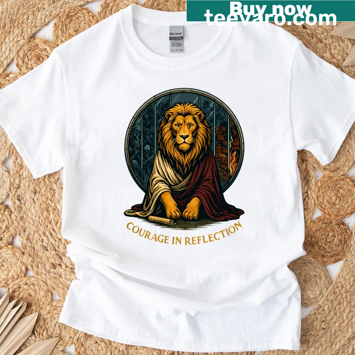 Illustration of a golden lion symbolizing courage and reflection — on a men's t-shirt