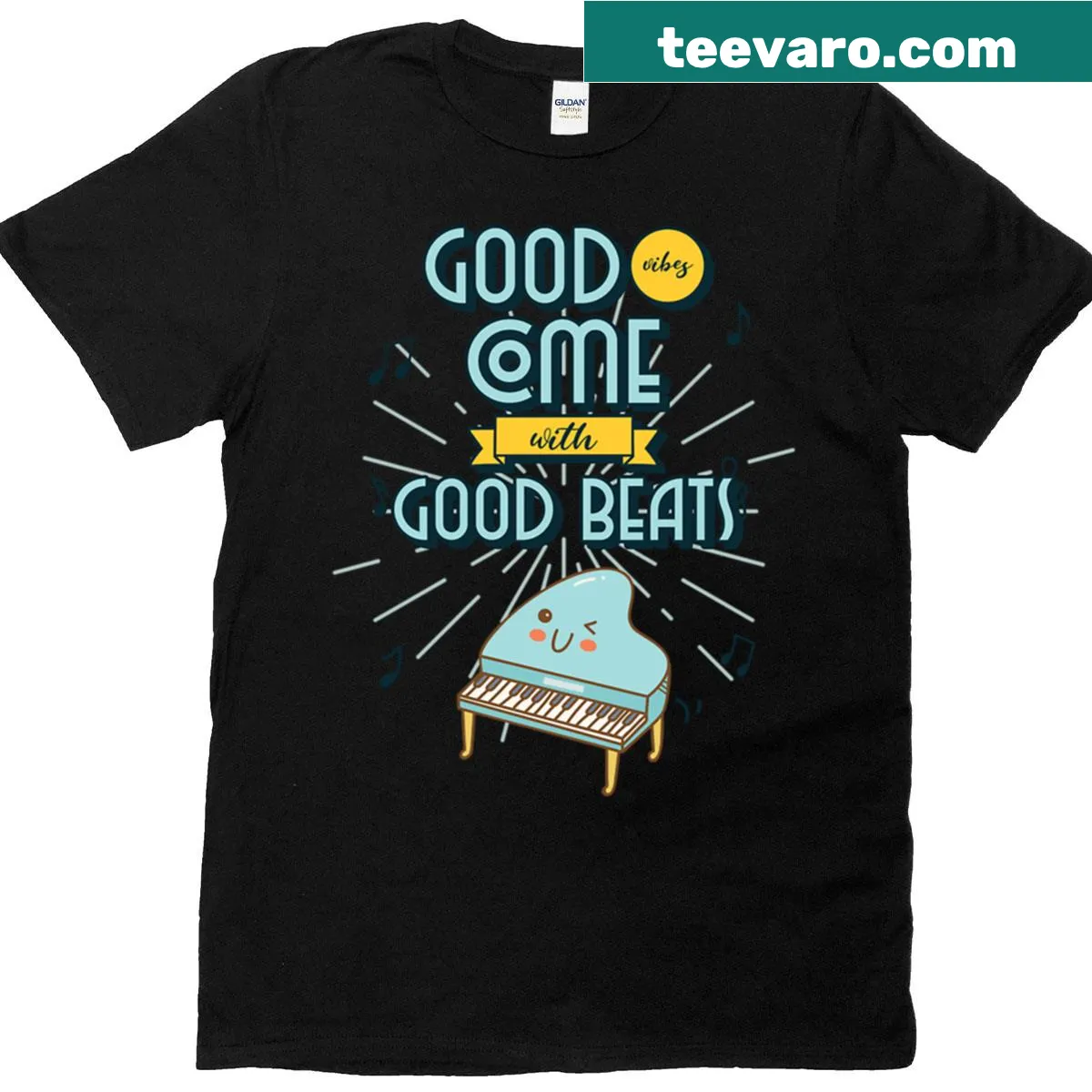 Cute cartoon piano design promoting good vibes and music — on a men's t-shirt