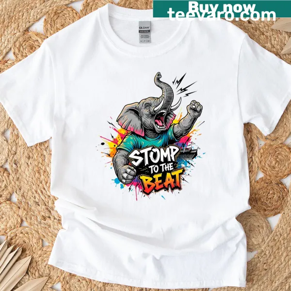 Graffiti-style T-shirt featuring an elephant stomping to music.