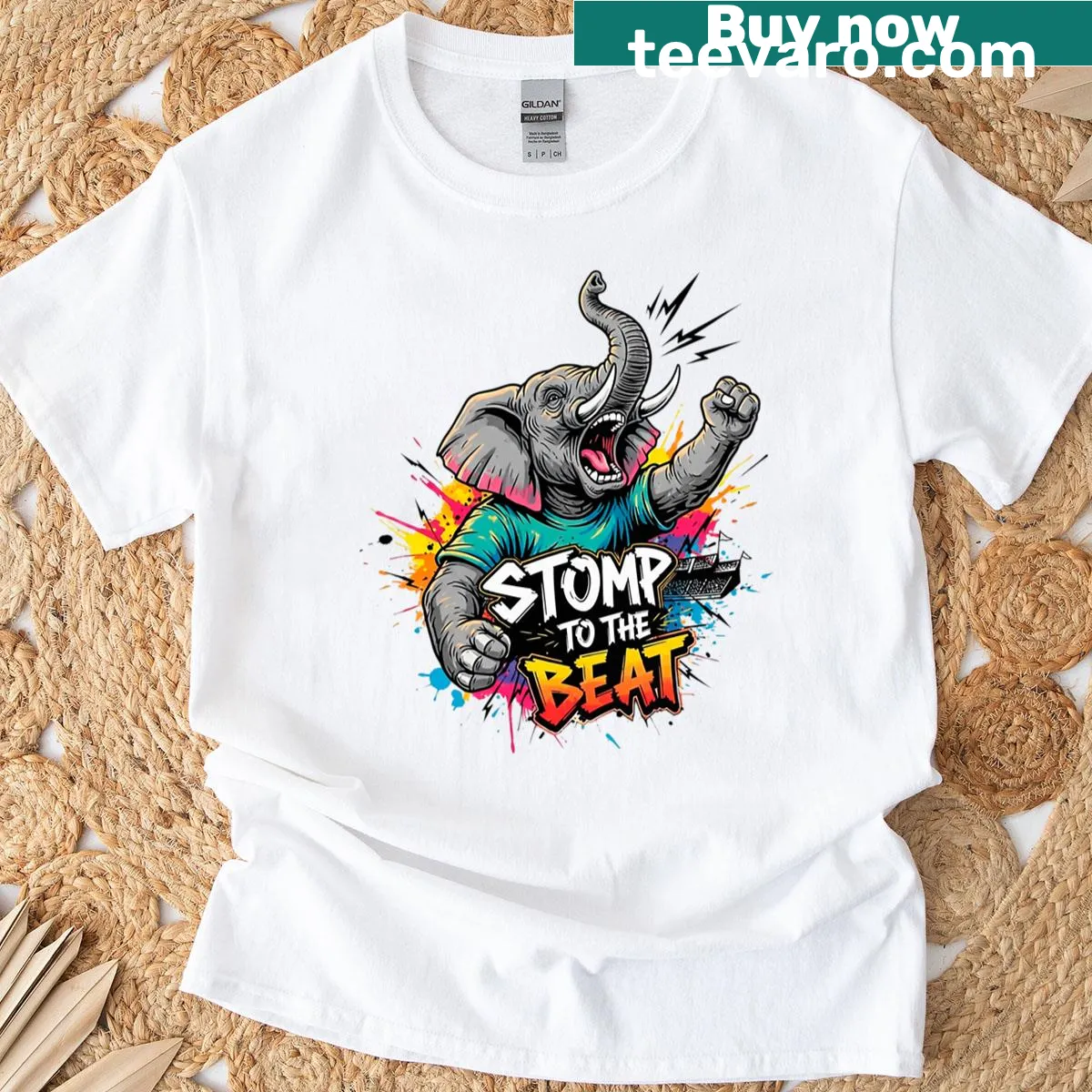 Graffiti-style T-shirt featuring an elephant stomping to music. — on a men's t-shirt