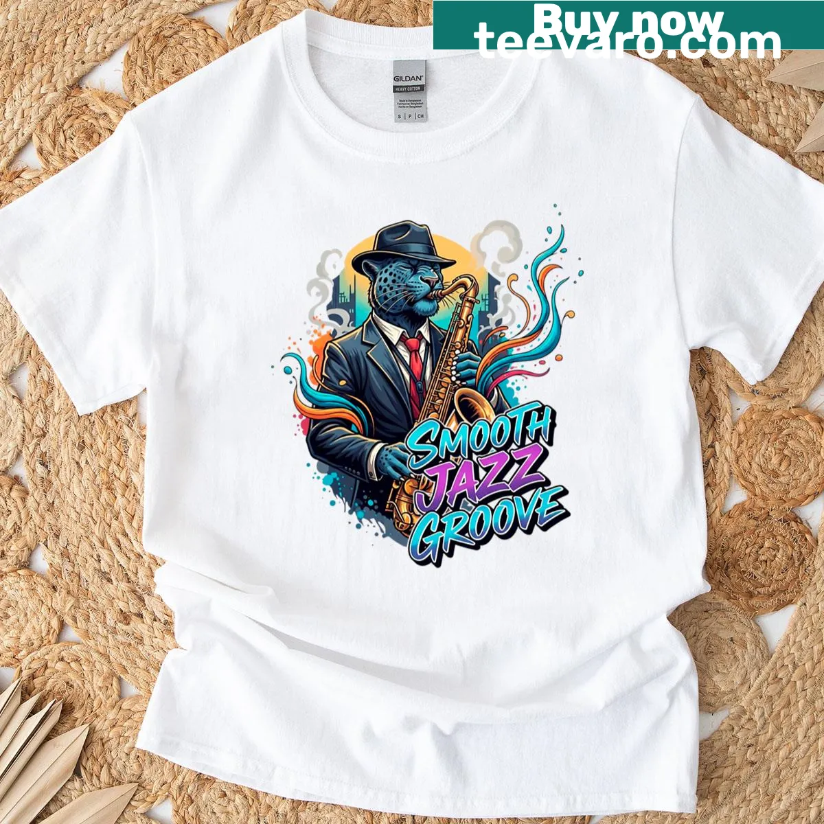 Graffiti style panther t-shirt with smooth jazz theme — on a men's t-shirt