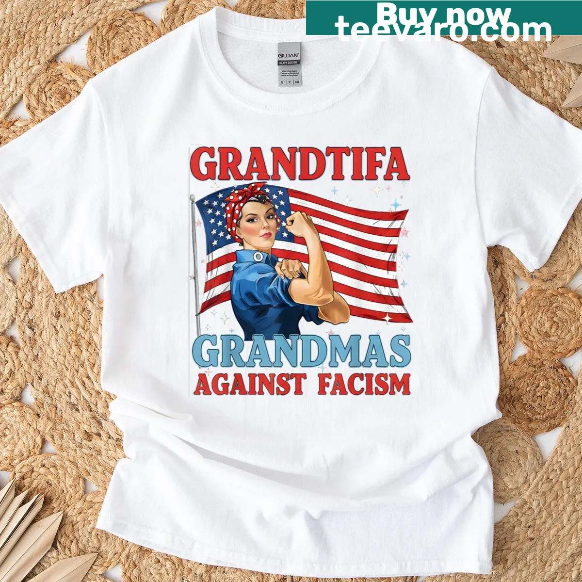 Vintage design t-shirt with Grandtifa Grandmas Against Fascism slogan — on a men's t-shirt