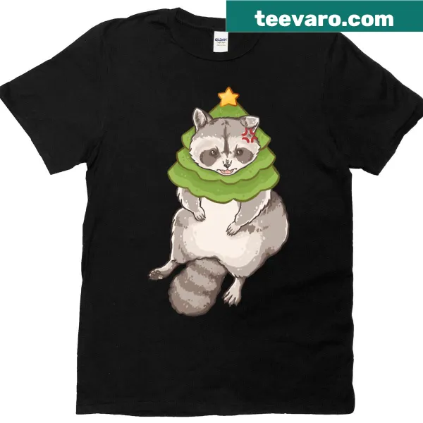 Cute grumpy raccoon with Christmas tree t-shirt