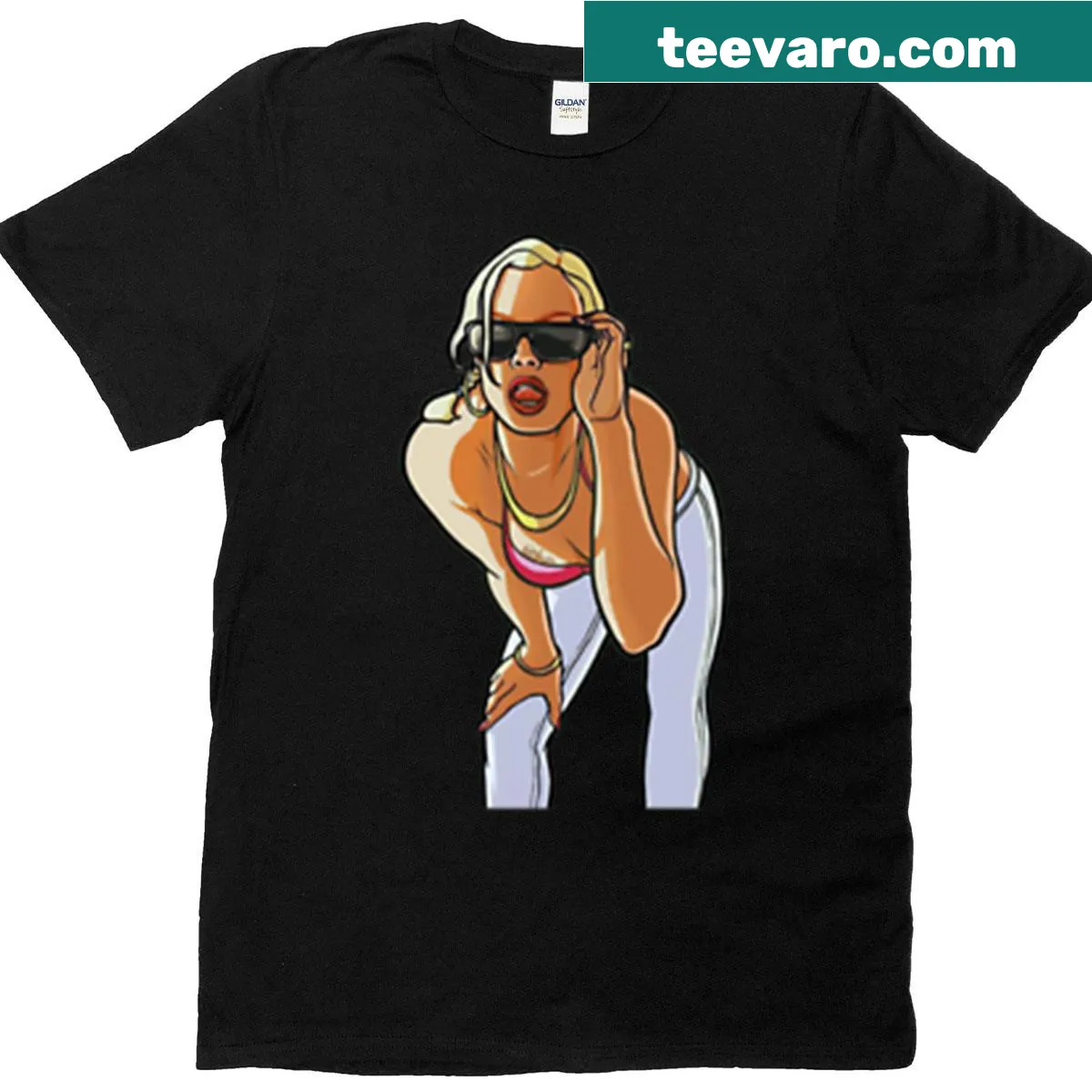 Illustrative t-shirt featuring a female character from Gta San Andreas — on a men's t-shirt