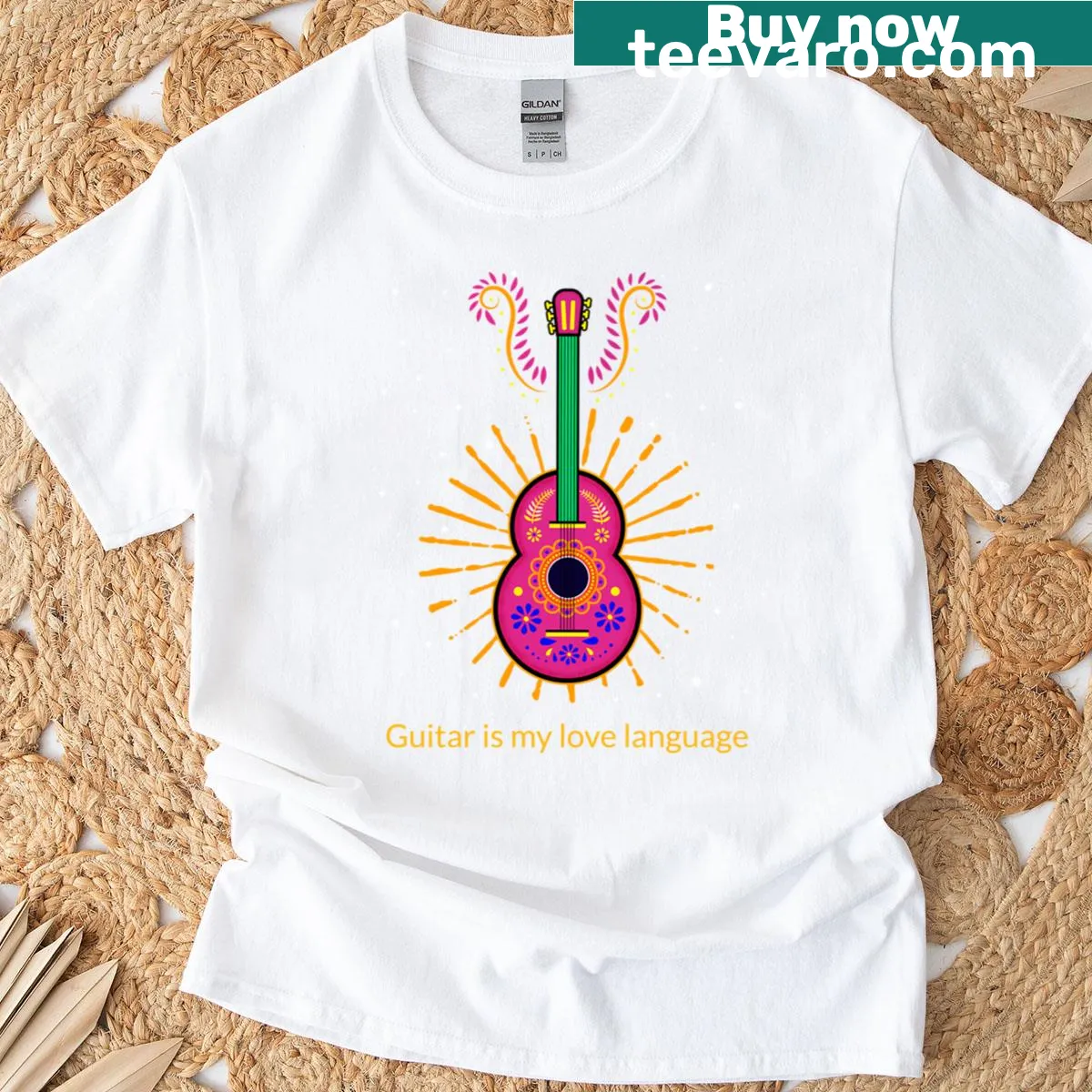 Stylish guitar graphic on a t-shirt with the text 'Guitar Is My Love Language' — on a men's t-shirt