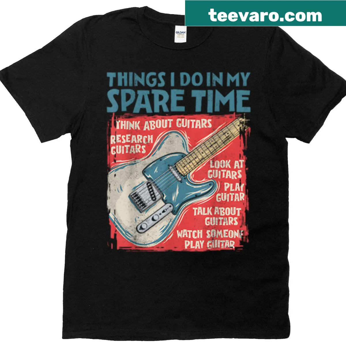 Funny electric guitarist t-shirt with humorous text design — on a men's t-shirt