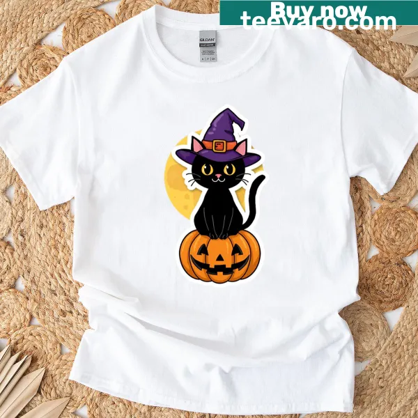 Cute Halloween cat graphic on a t-shirt for festive celebrations